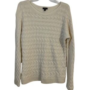 Talbots Womens Cream Cable Knit Crew Neck Merino Wool Cashmere Sweater Lg Petite